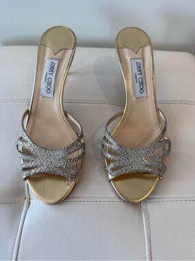 Jimmy Choo Gold Glitter Slide Mules
